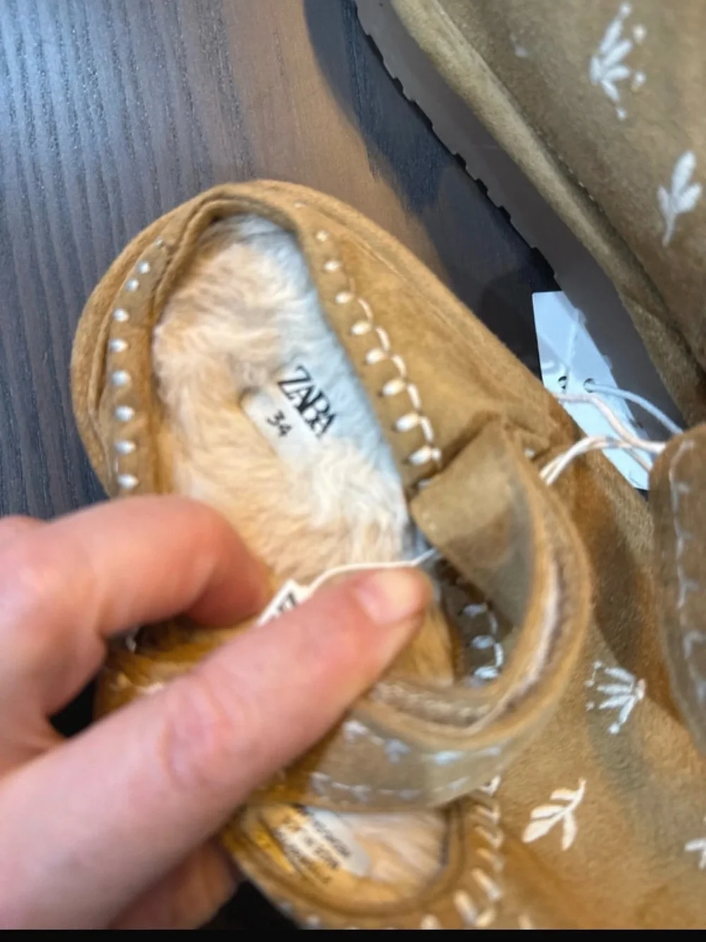 Zara Kids Tan Suede Slip-On Slippers with White Embroidery